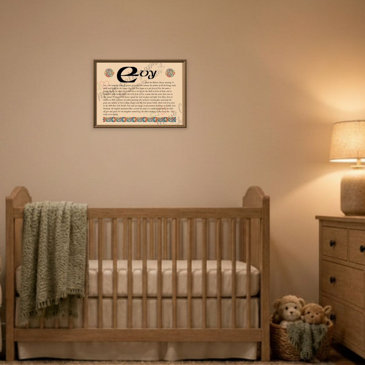 Evy Celtic name print framed above a cot in a warm nursery