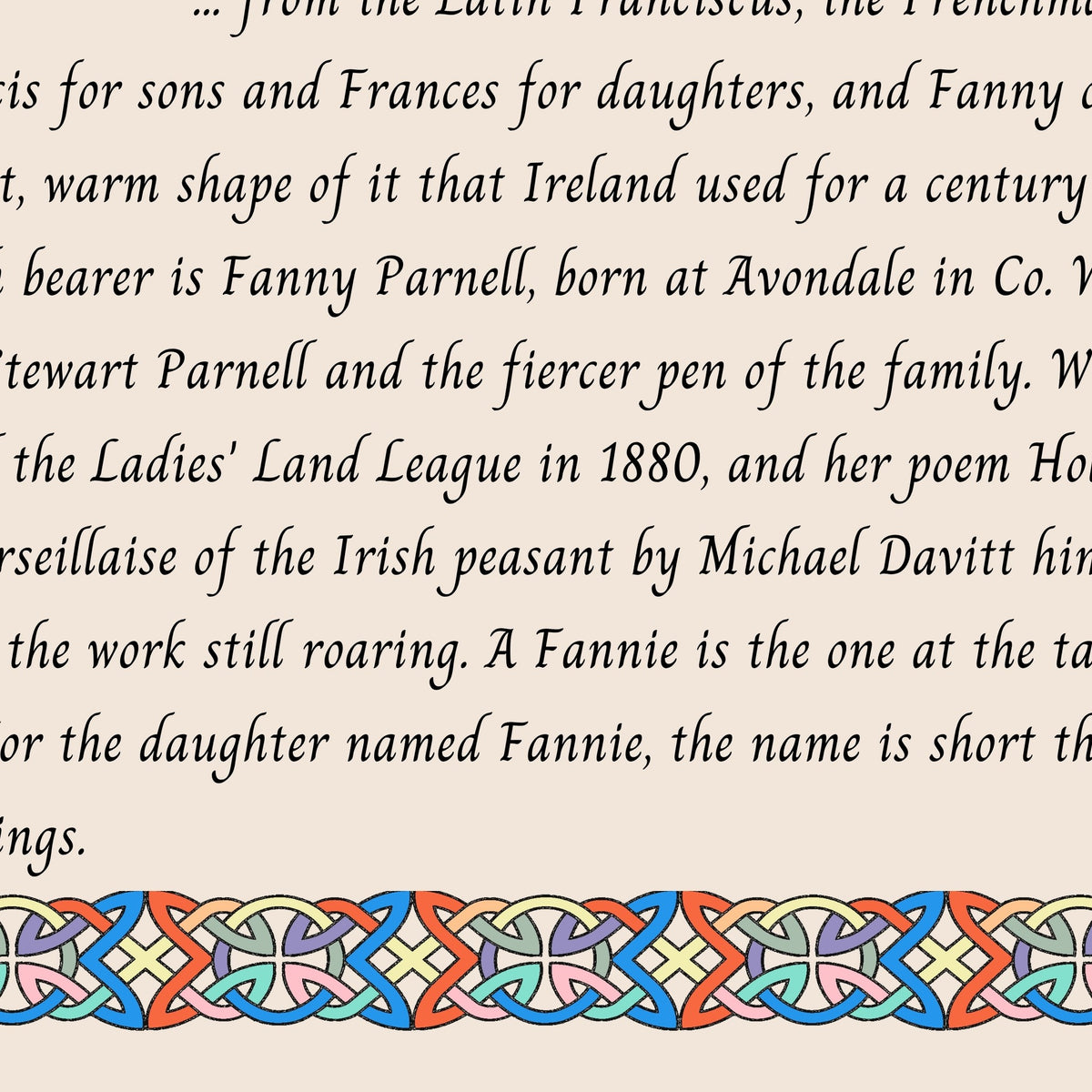 Closeup of the story text and Celtic knotwork border on the Fannie name print