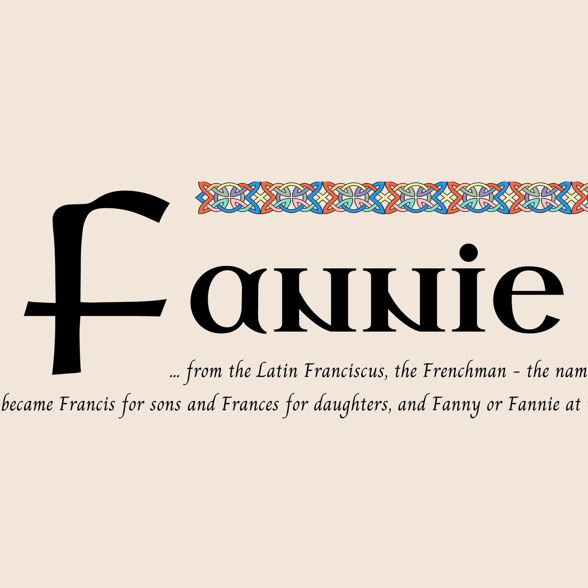 Closeup of the name Fannie in Celtic calligraphy with decorated capital