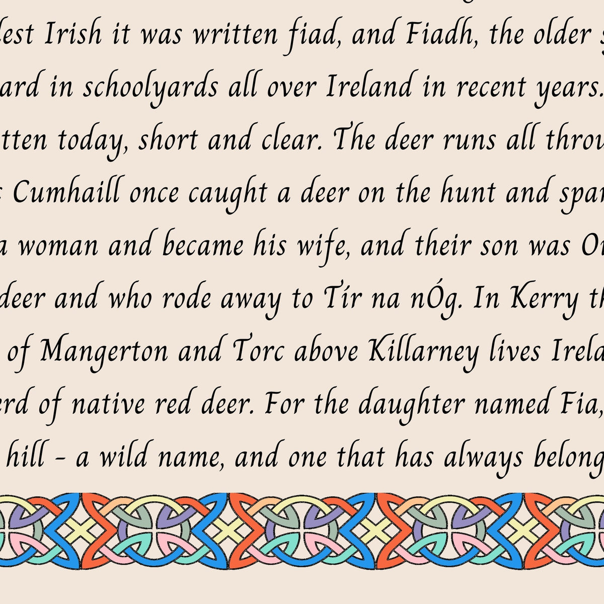 Closeup of the story text and Celtic knotwork border on the Fia name print