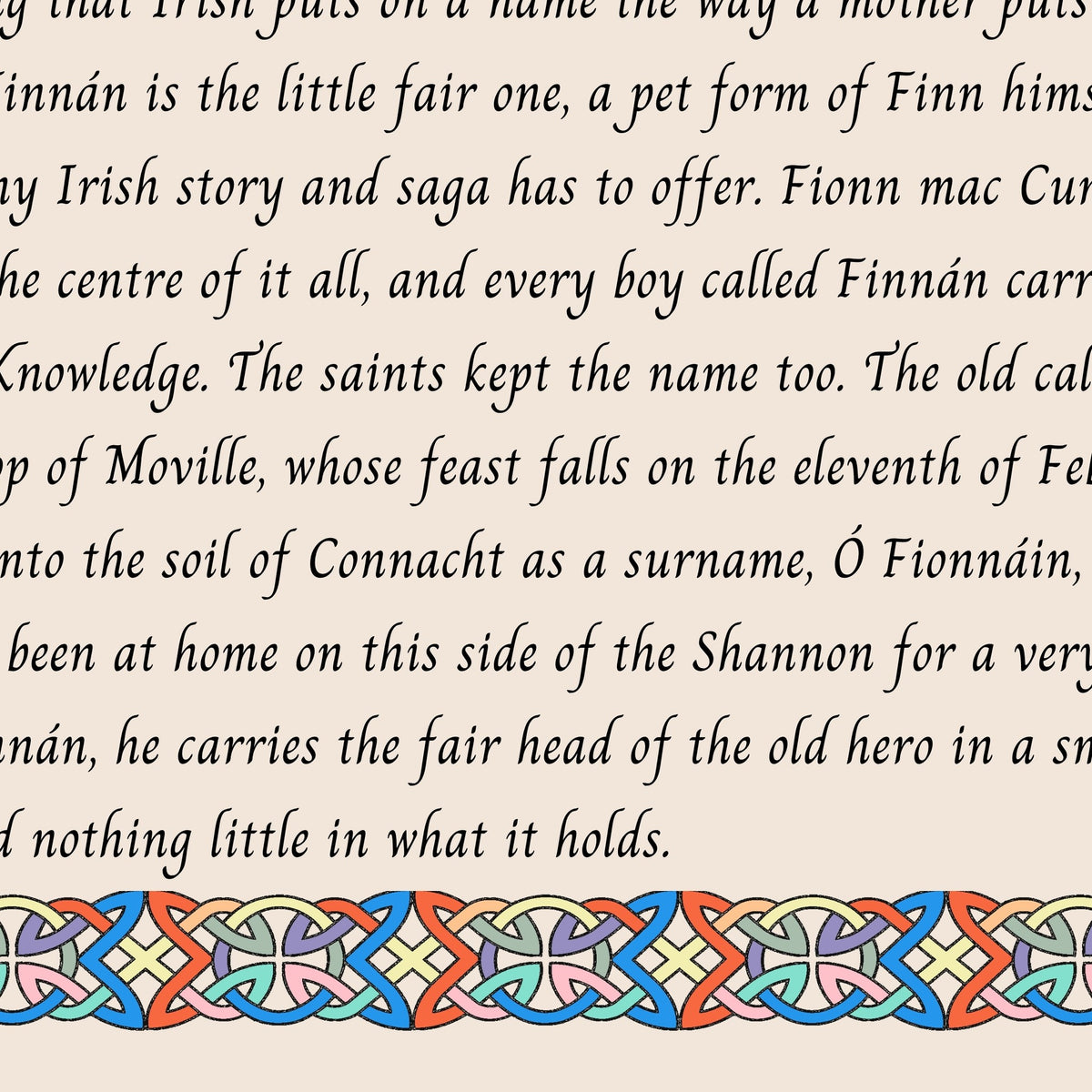 Closeup of the story text and Celtic knotwork border on the Finnán name print