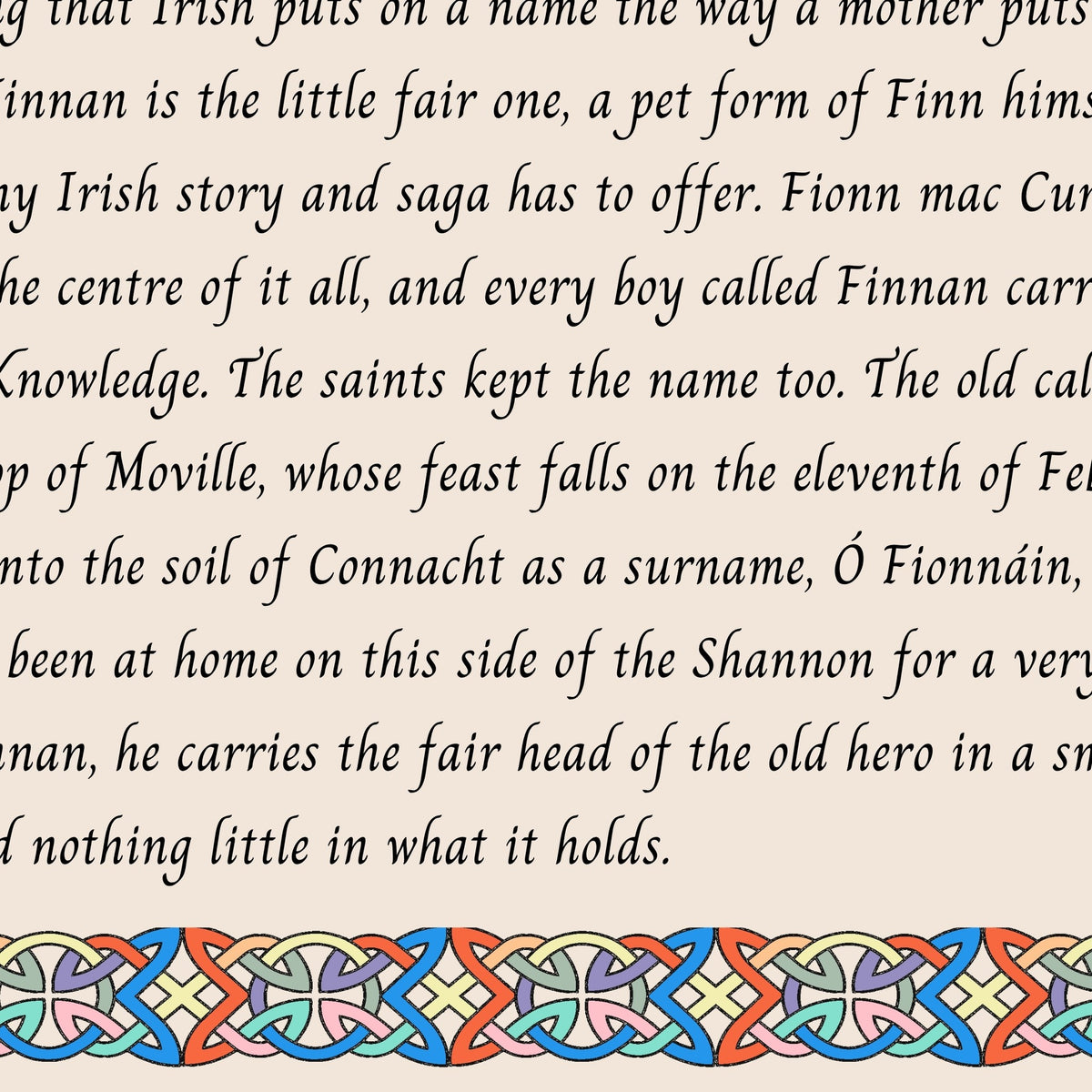 Closeup of the story text and Celtic knotwork border on the Finnan name print