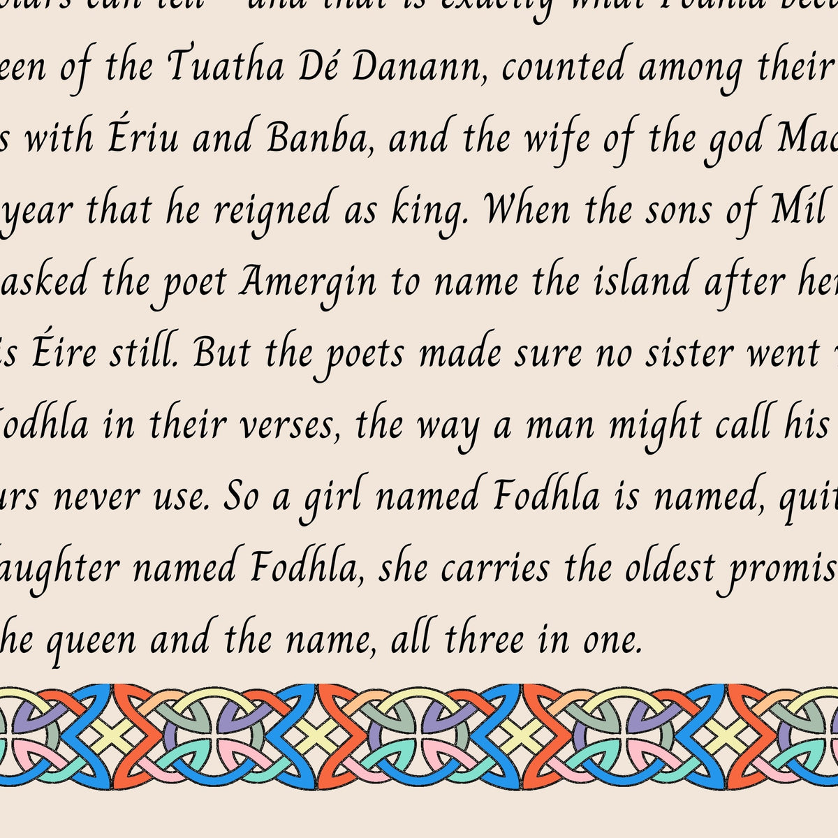 Closeup of the story text and Celtic knotwork border on the Fodhla name print