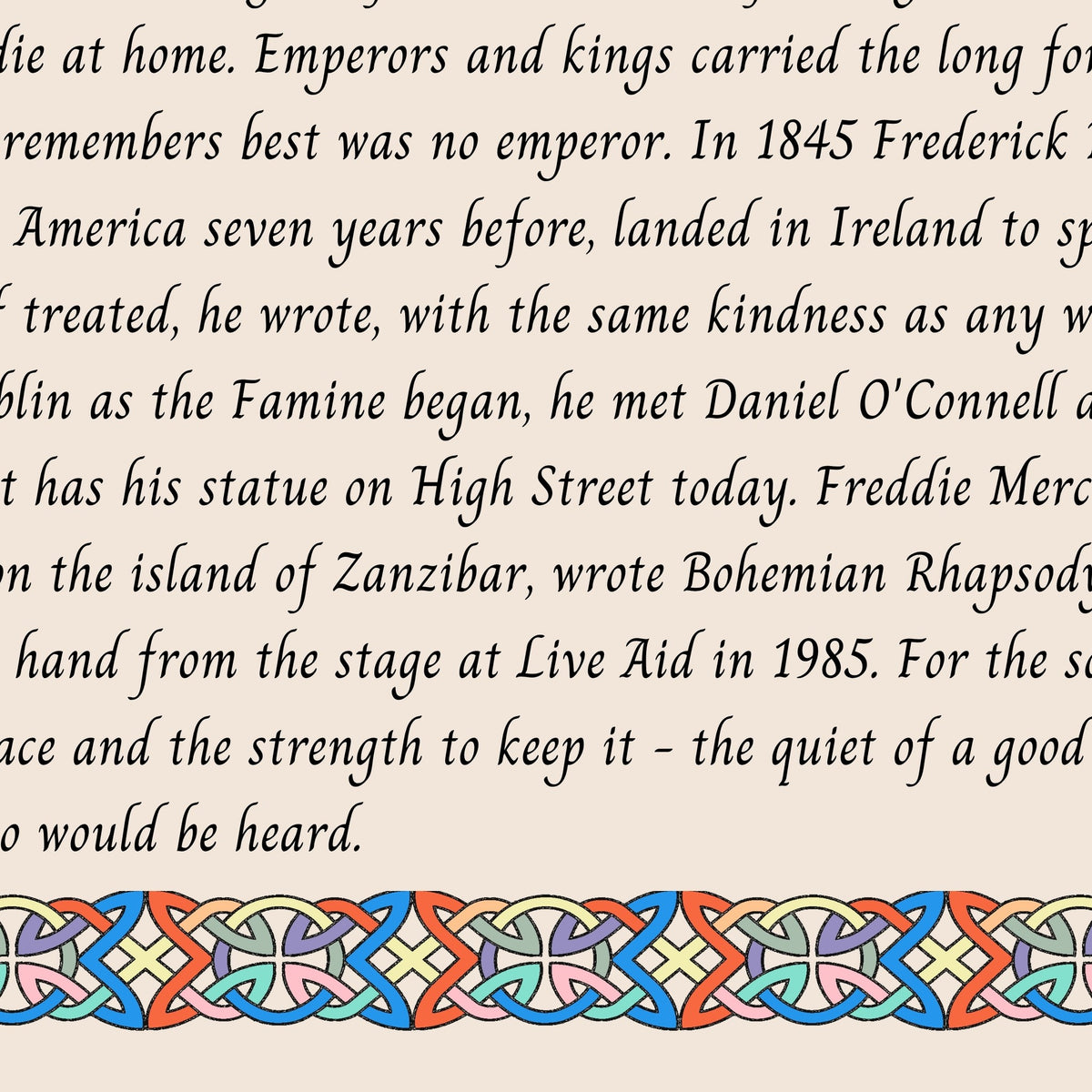Closeup of the story text and Celtic knotwork border on the Freddie name print