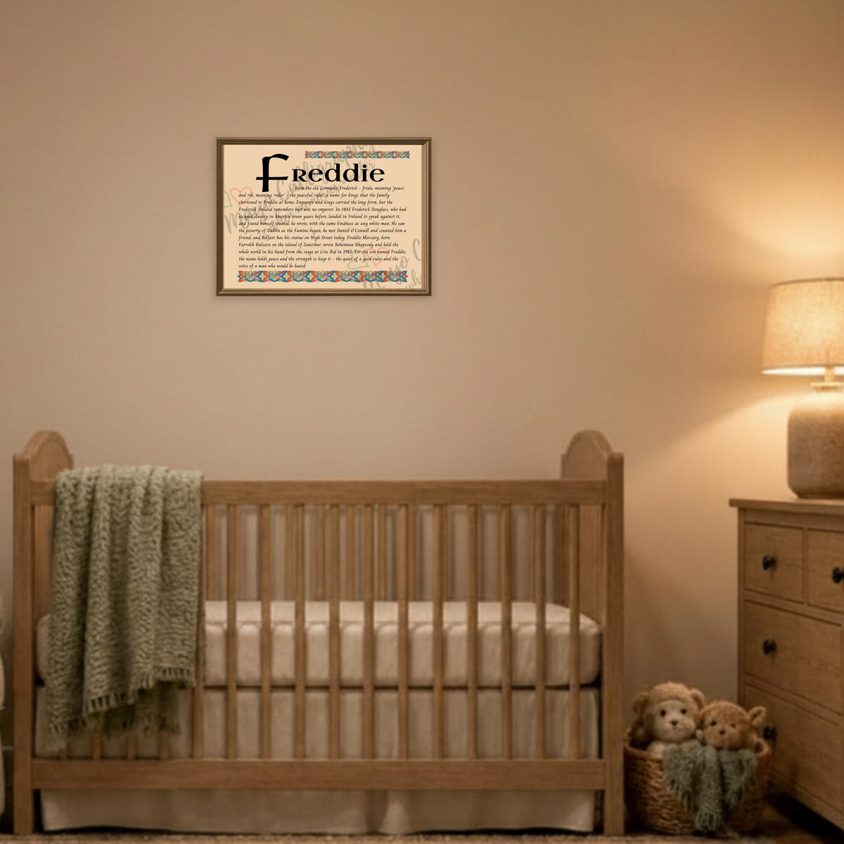 Freddie Celtic name print framed above a cot in a warm nursery