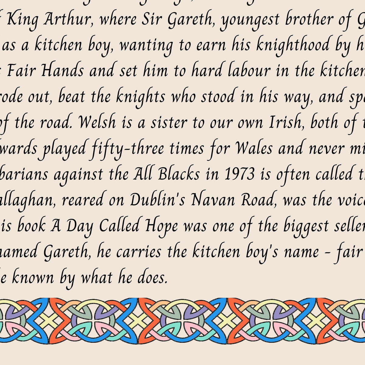 Closeup of the story text and Celtic knotwork border on the Gareth name print