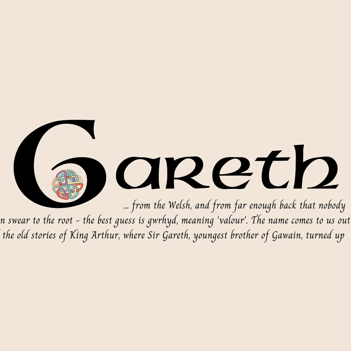 Closeup of the name Gareth in Celtic calligraphy with decorated capital