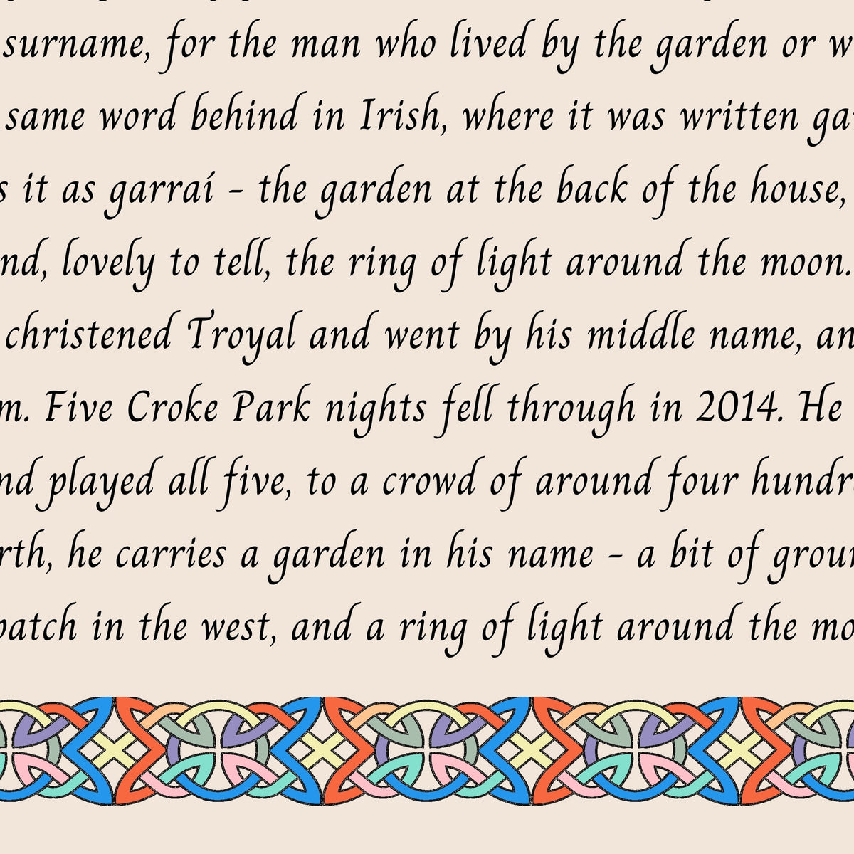 Closeup of the story text and Celtic knotwork border on the Garth name print
