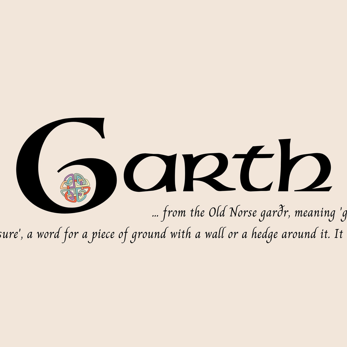 Closeup of the name Garth in Celtic calligraphy with decorated capital