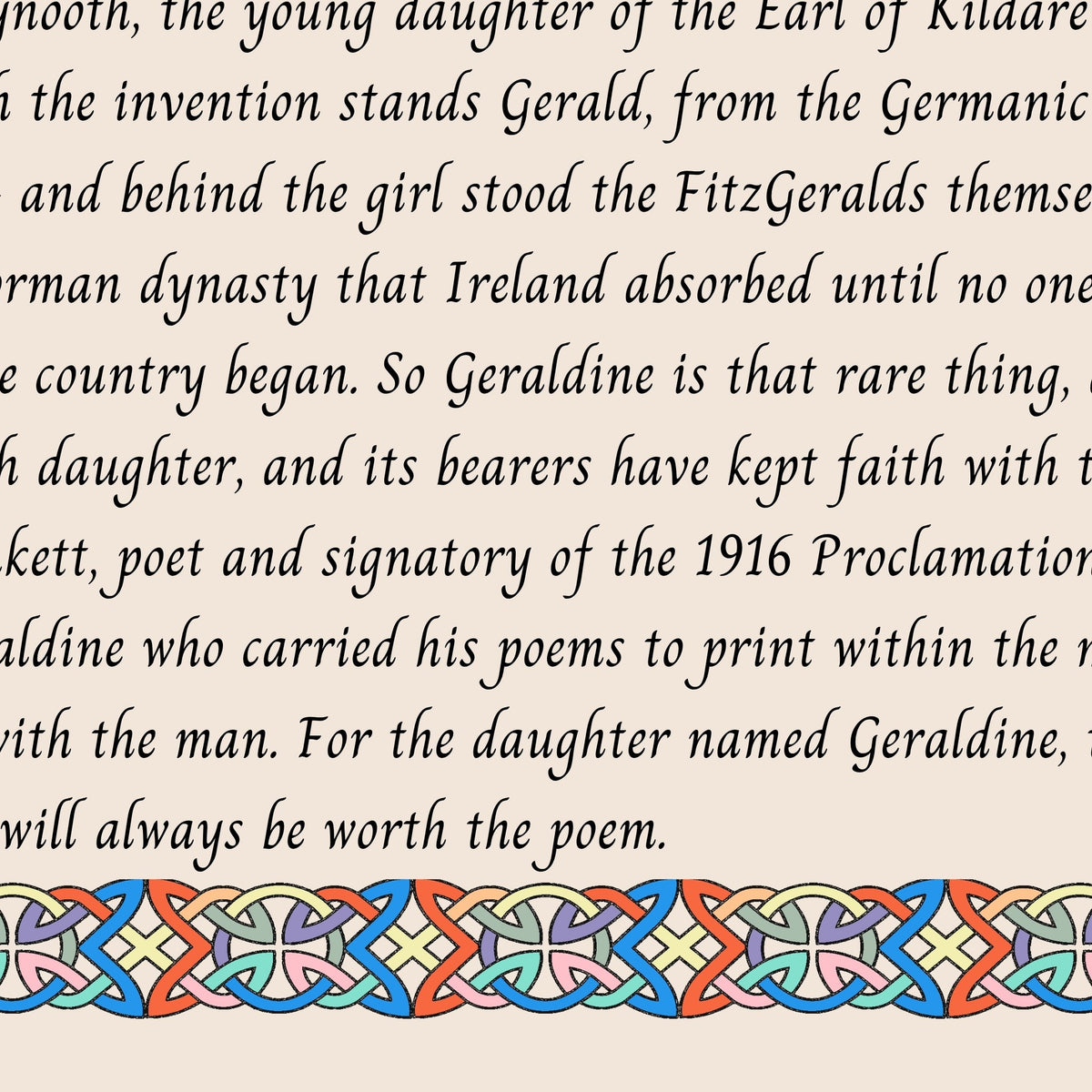 Closeup of the story text and Celtic knotwork border on the Geraldine name print