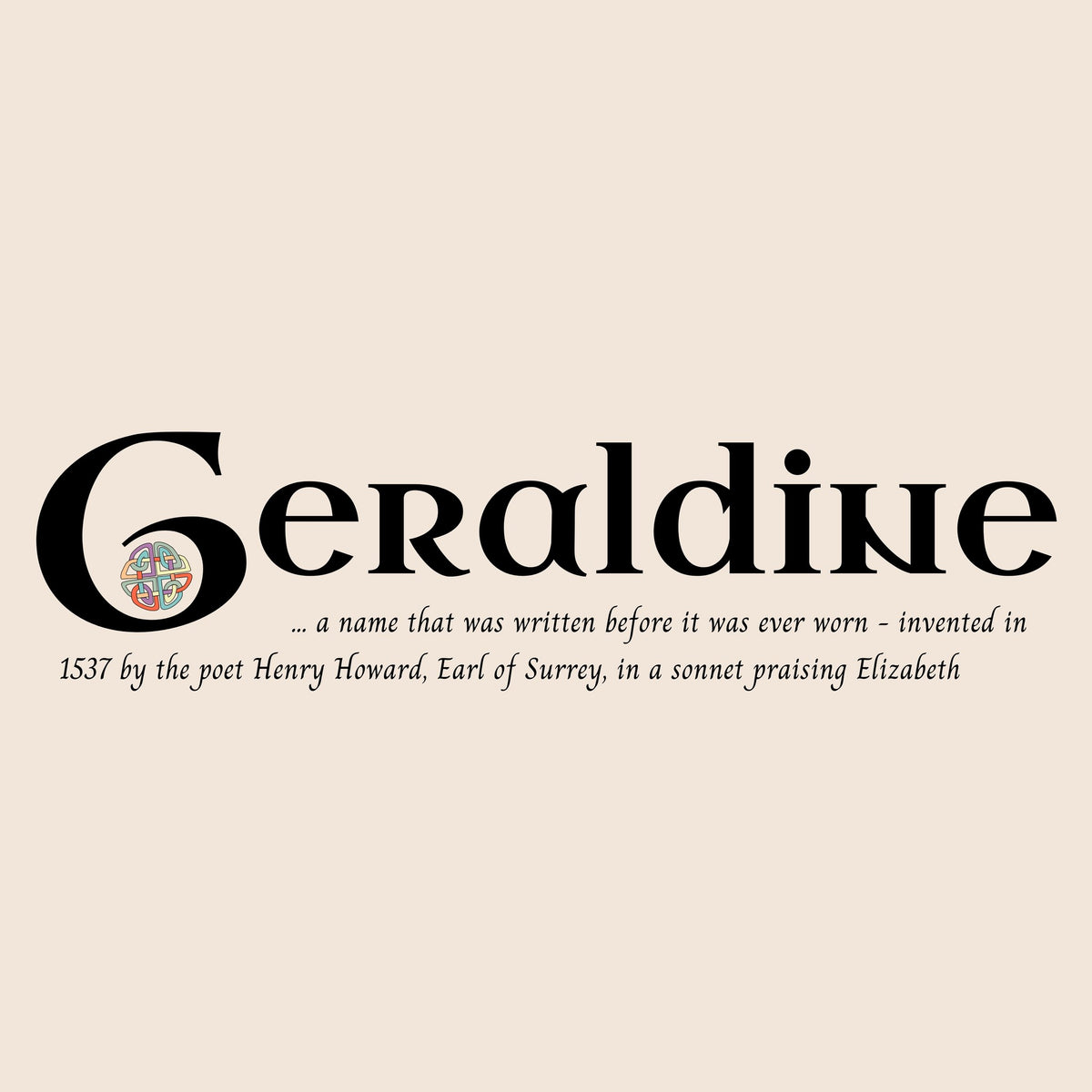 Closeup of the name Geraldine in Celtic calligraphy with decorated capital