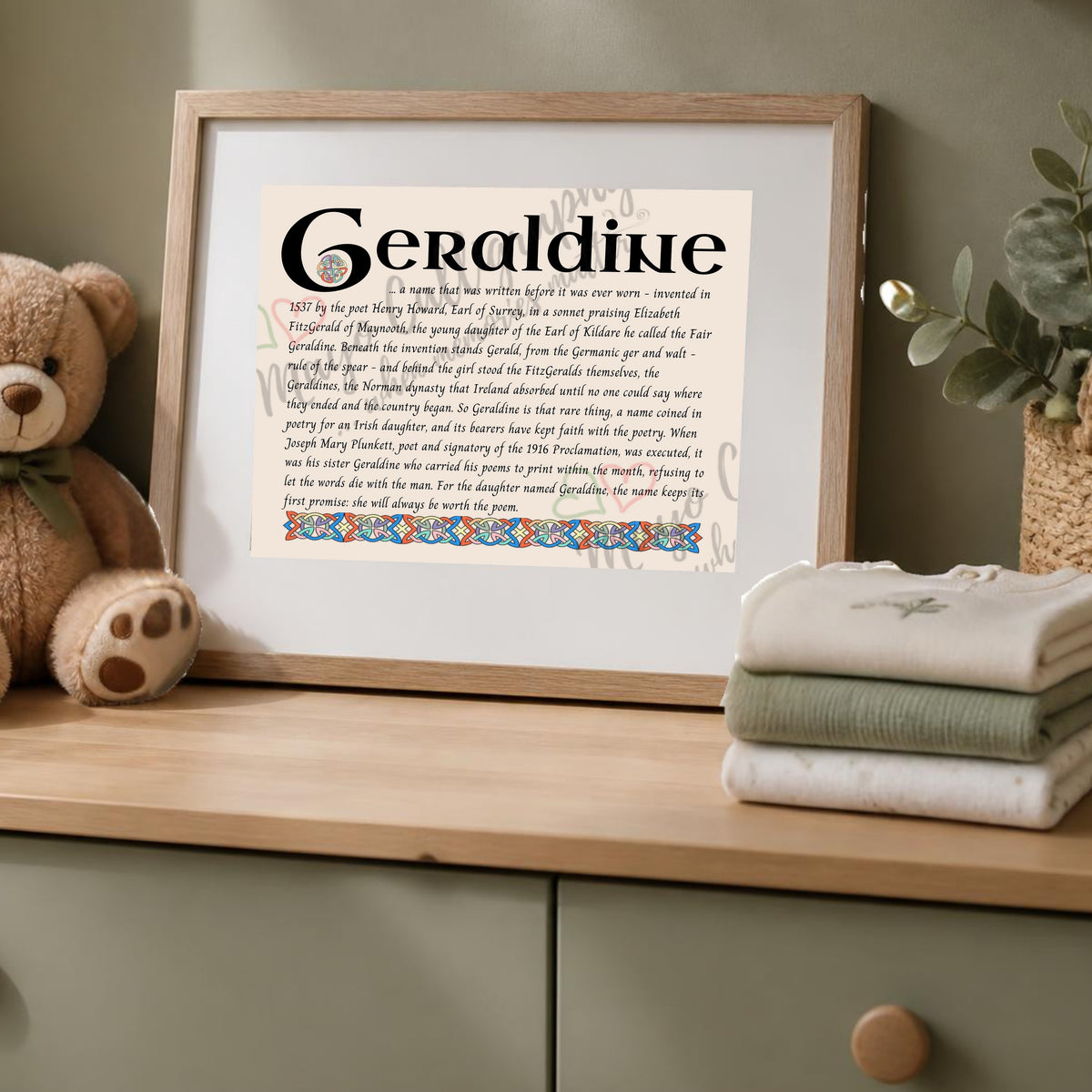 Geraldine Celtic name print in a wooden frame on a dresser with a teddy bear