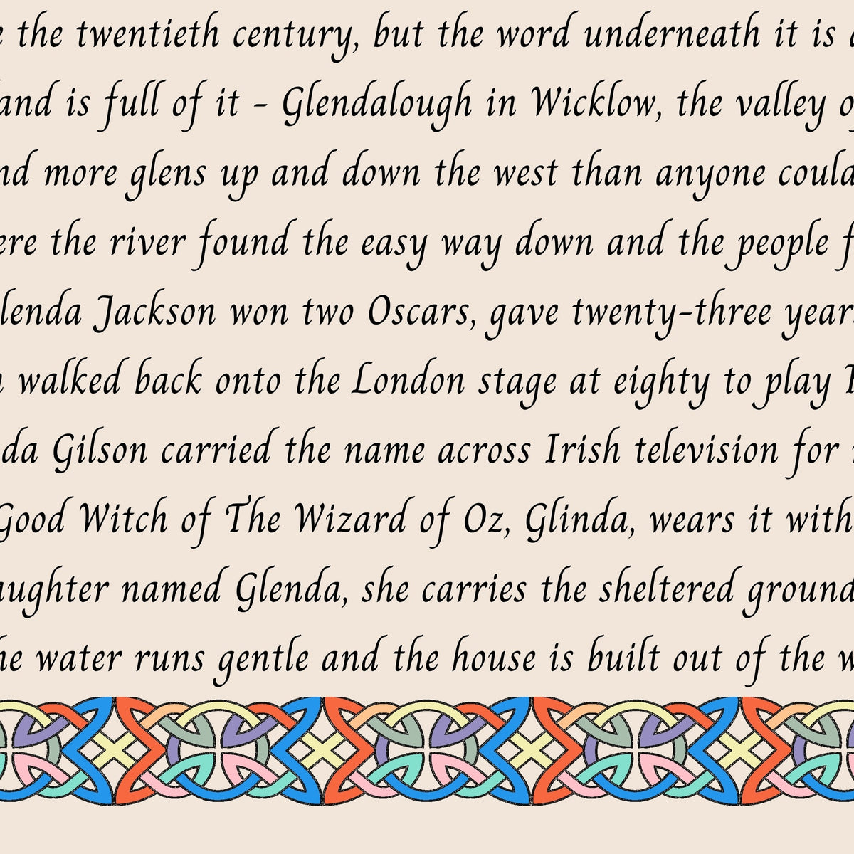 Closeup of the story text and Celtic knotwork border on the Glenda name print