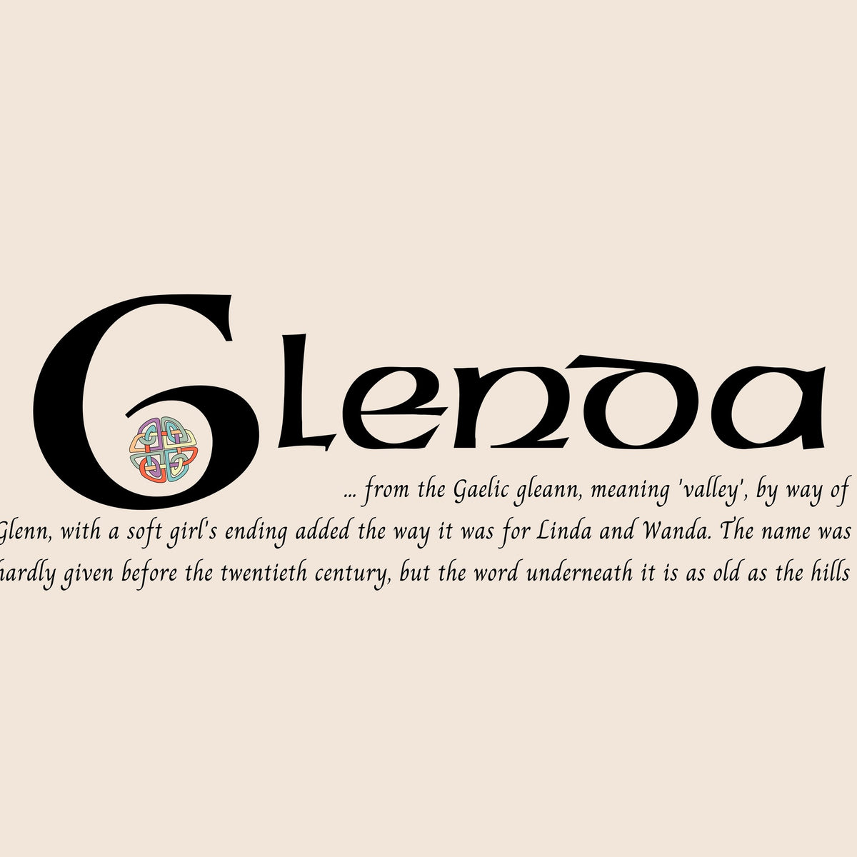 Closeup of the name Glenda in Celtic calligraphy with decorated capital