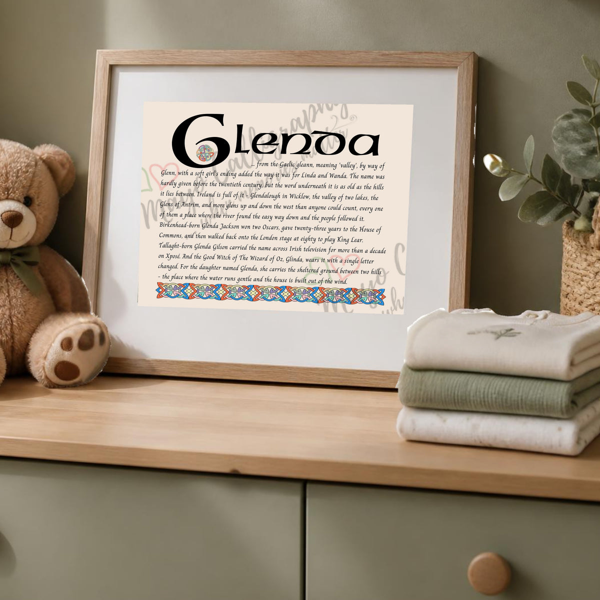 Glenda Celtic name print in a wooden frame on a dresser with a teddy bear