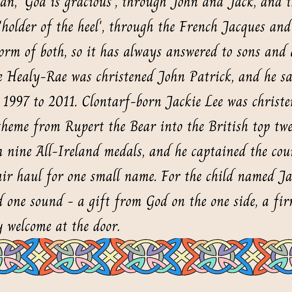 Closeup of the story text and Celtic knotwork border on the Jackie name print