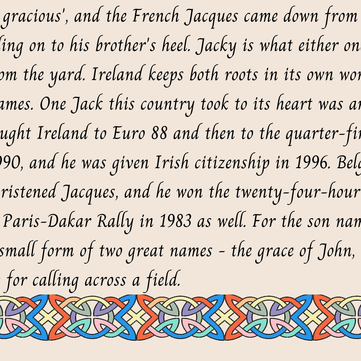 Closeup of the story text and Celtic knotwork border on the Jacky name print