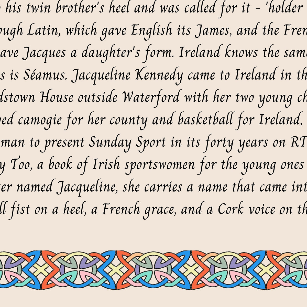 Closeup of the story text and Celtic knotwork border on the Jacqueline name print