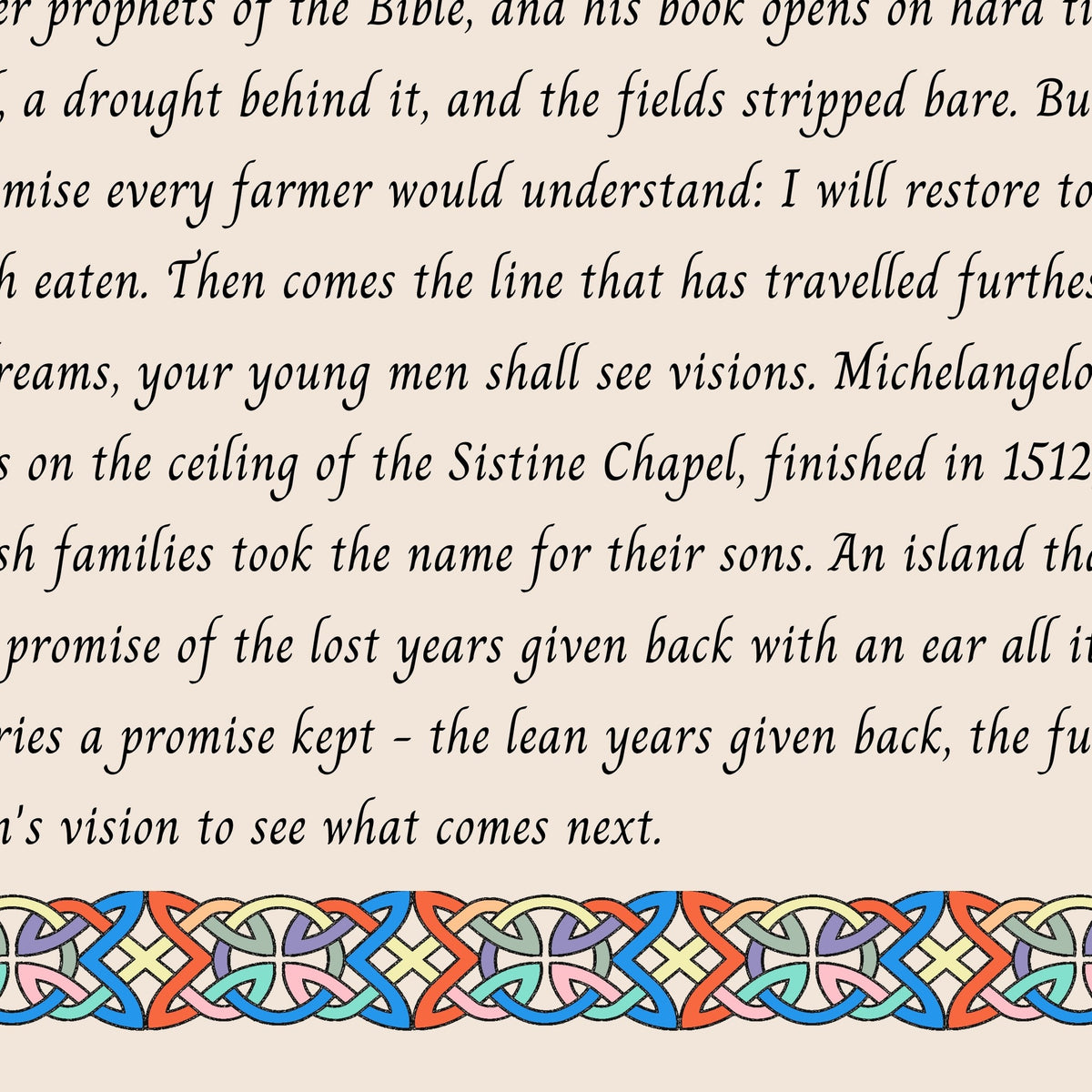Closeup of the story text and Celtic knotwork border on the Joel name print