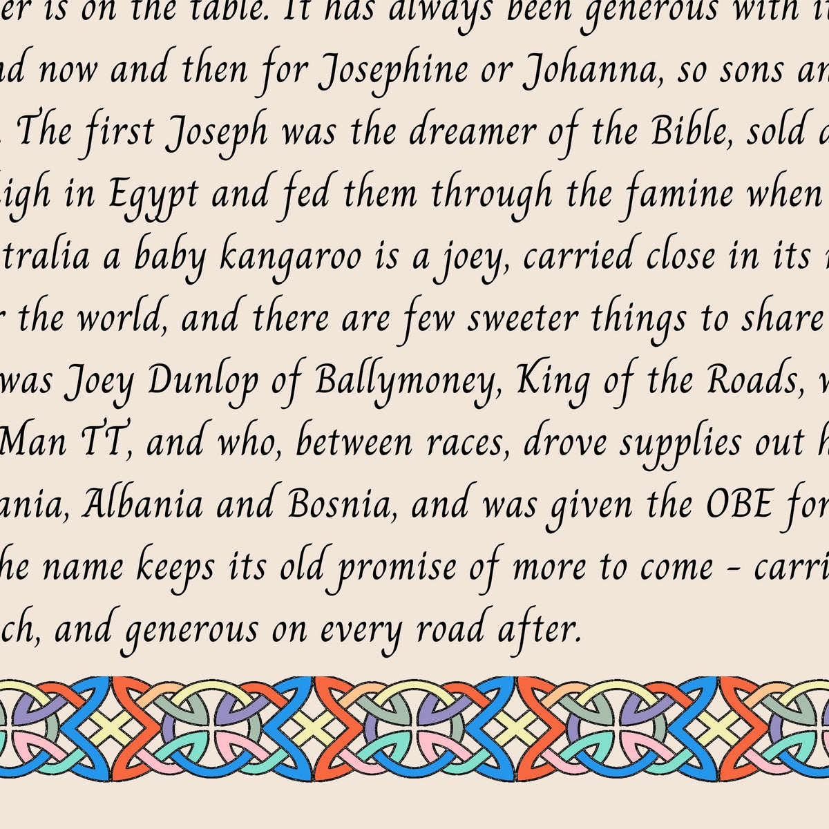 Closeup of the story text and Celtic knotwork border on the Joey name print