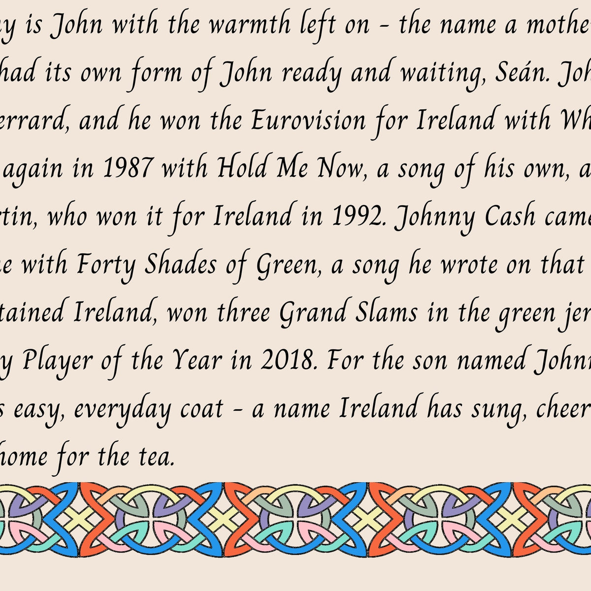 Closeup of the story text and Celtic knotwork border on the Johnny name print
