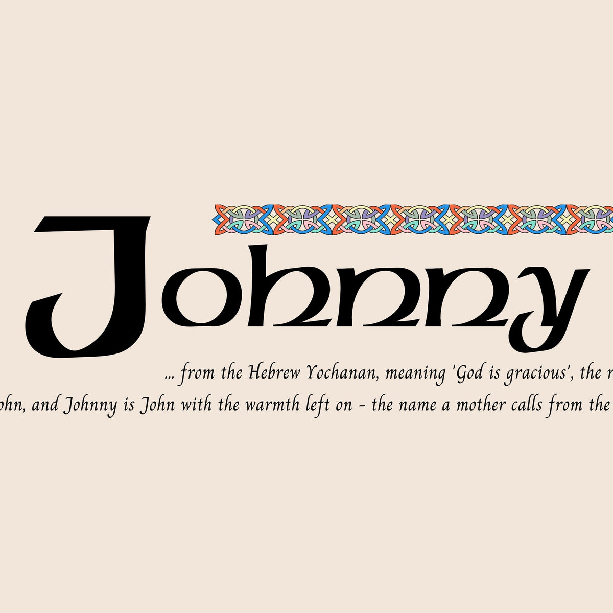 Closeup of the name Johnny in Celtic calligraphy with decorated capital