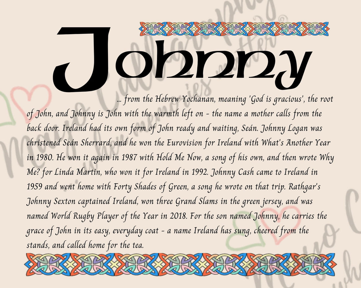Celtic name print for Johnny - designed in Celtic Uncial script with original Celtic knotwork border, meaning 'God is gracious', John with the warmth left on, carried by Johnny Logan and Johnny Sexton, digital download by Mayo Calligraphy