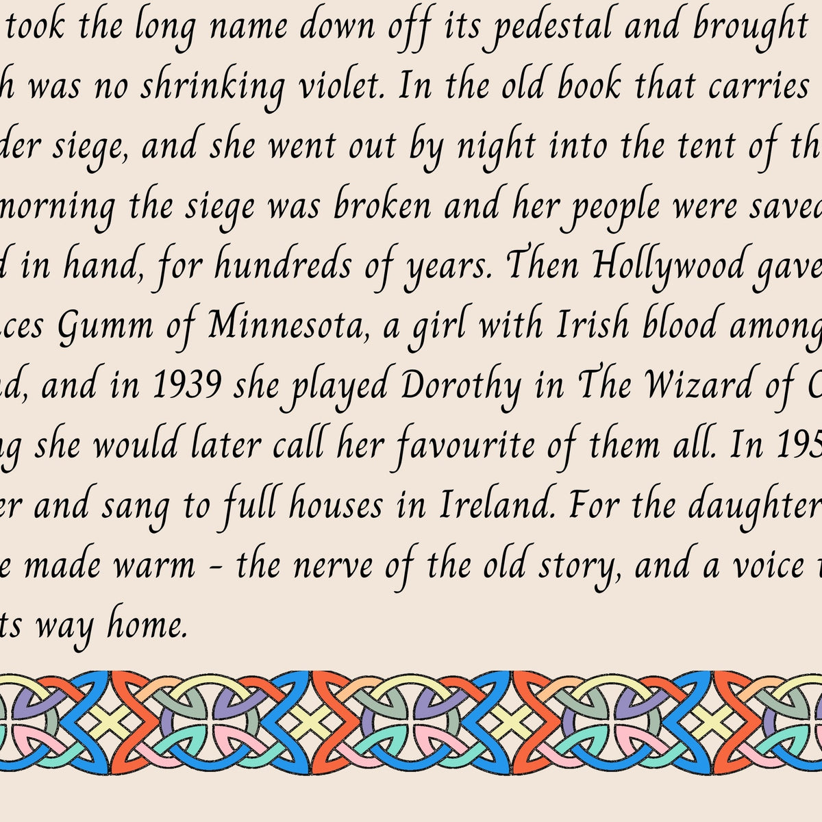 Closeup of the story text and Celtic knotwork border on the Judy name print