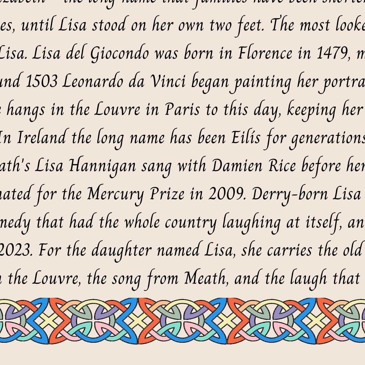 Closeup of the story text and Celtic knotwork border on the Lisa name print