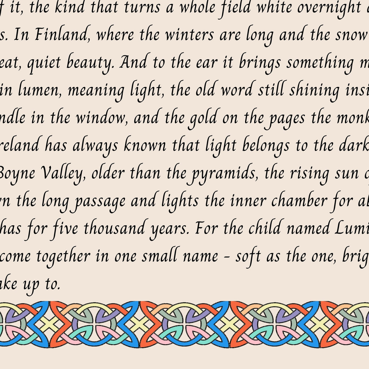 Closeup of the story text and Celtic knotwork border on the Lumi name print