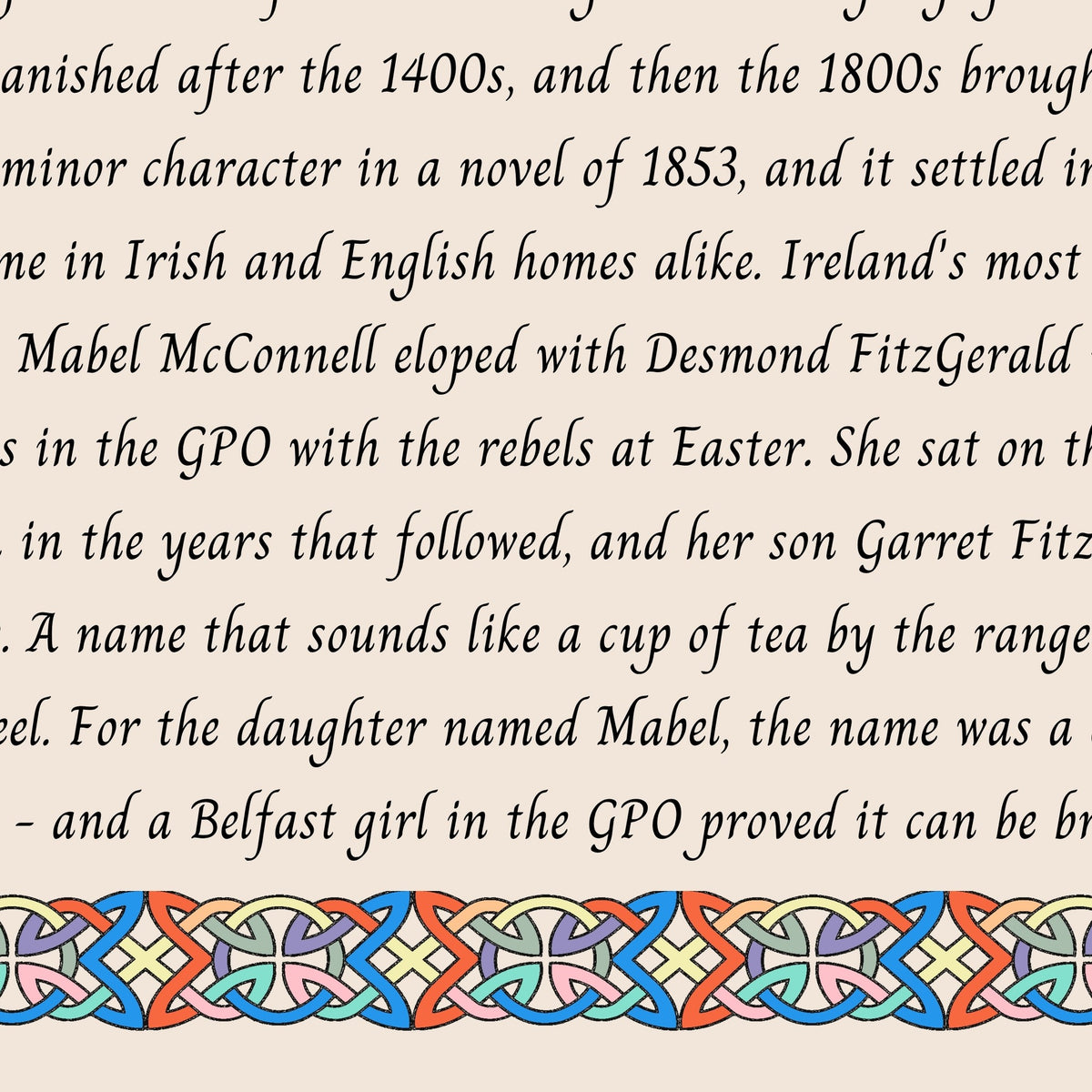 Closeup of the story text and Celtic knotwork border on the Mabel name print