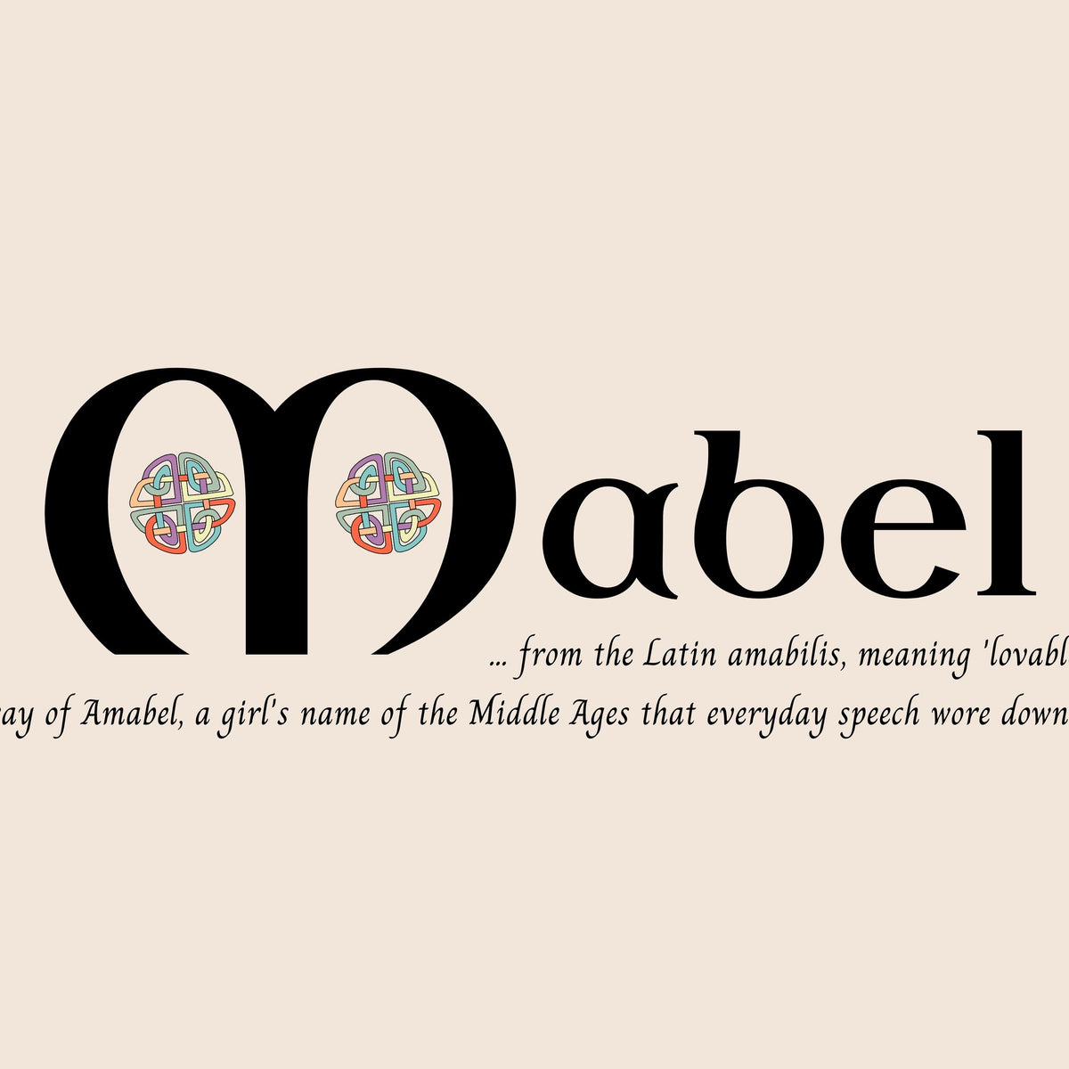Closeup of the name Mabel in Celtic calligraphy with decorated capital