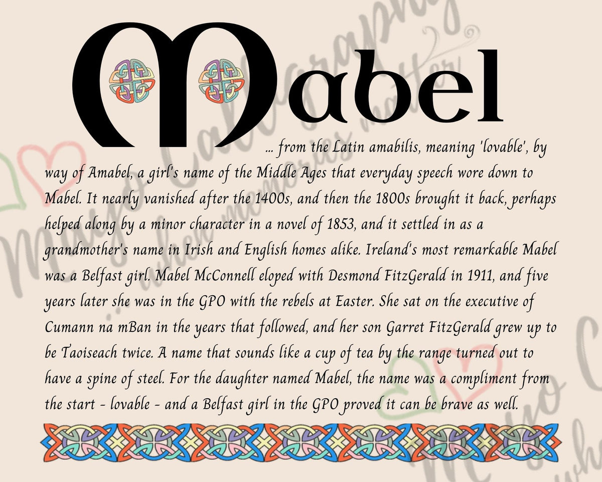 Celtic name print for Mabel - designed in Celtic Uncial script with original Celtic knotwork border, meaning 'lovable', the name of Mabel FitzGerald, the Belfast girl who was in the GPO with the rebels at Easter 1916, digital download by Mayo Calligraphy
