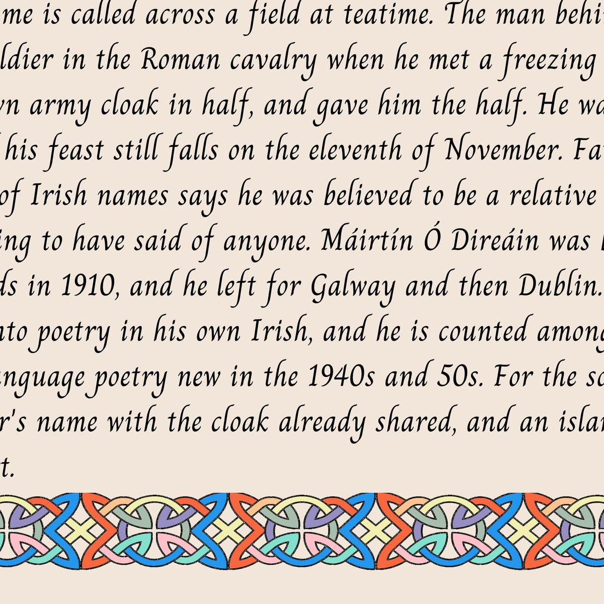 Closeup of the story text and Celtic knotwork border on the Máirtí name print