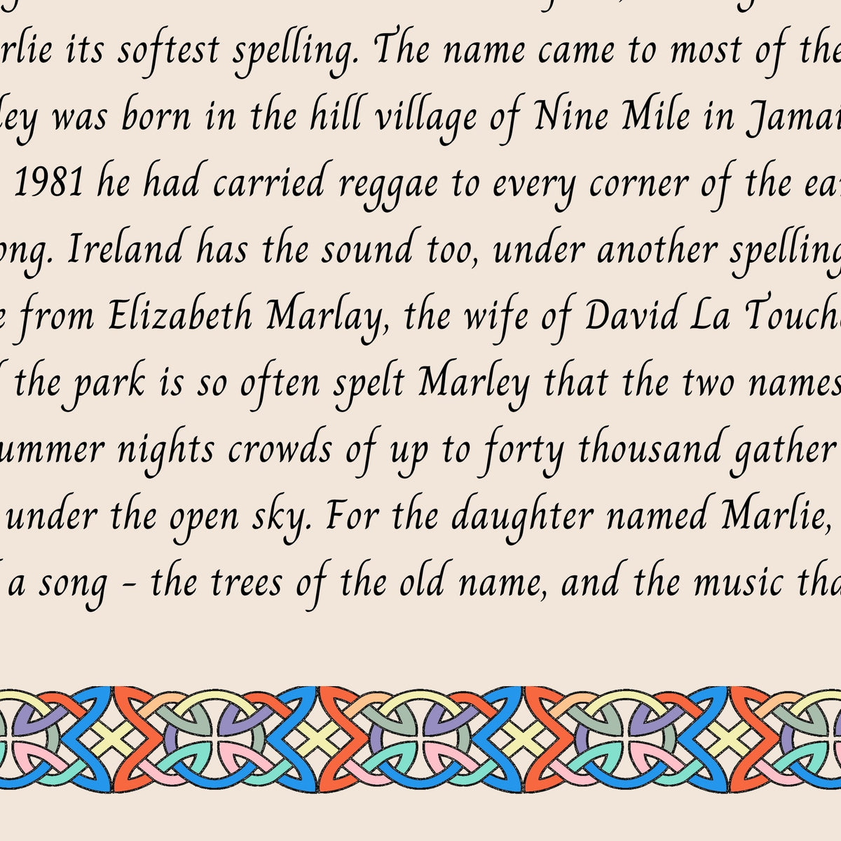 Closeup of the story text and Celtic knotwork border on the Marlie name print