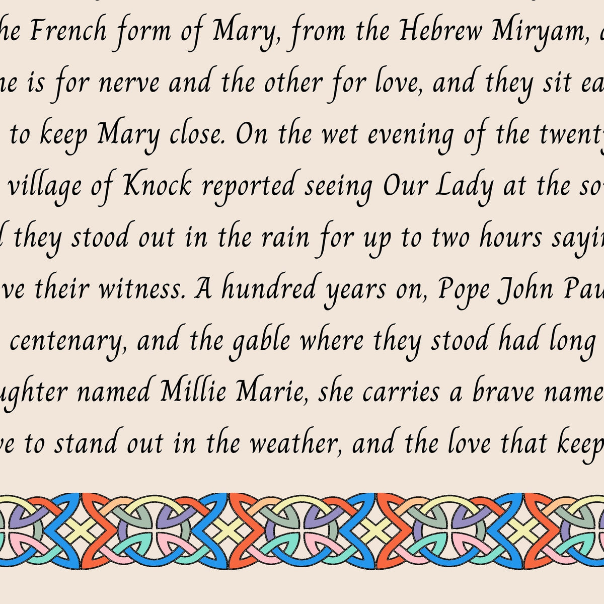 Closeup of the story text and Celtic knotwork border on the Millie Marie name print