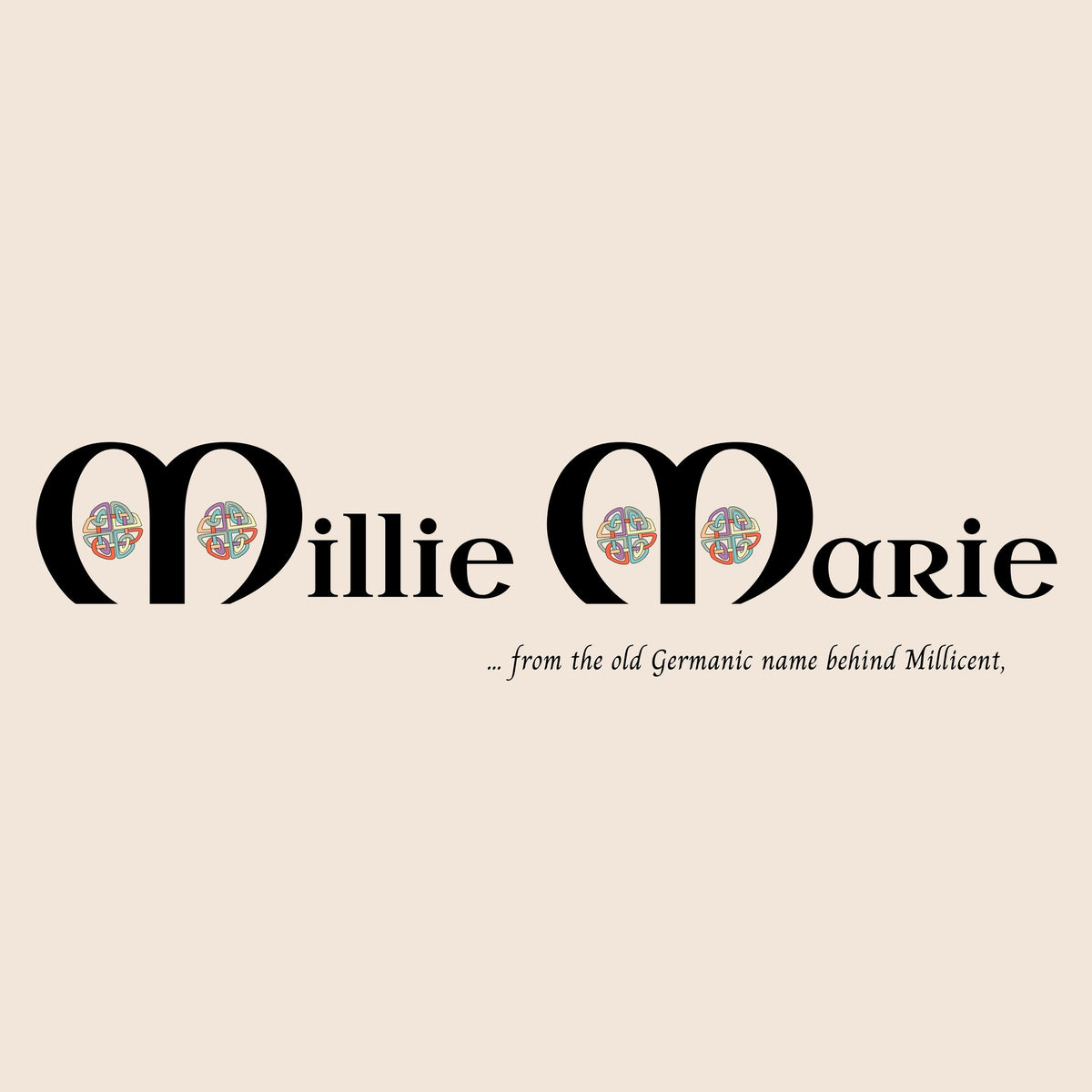 Closeup of the name Millie Marie in Celtic calligraphy with decorated capital