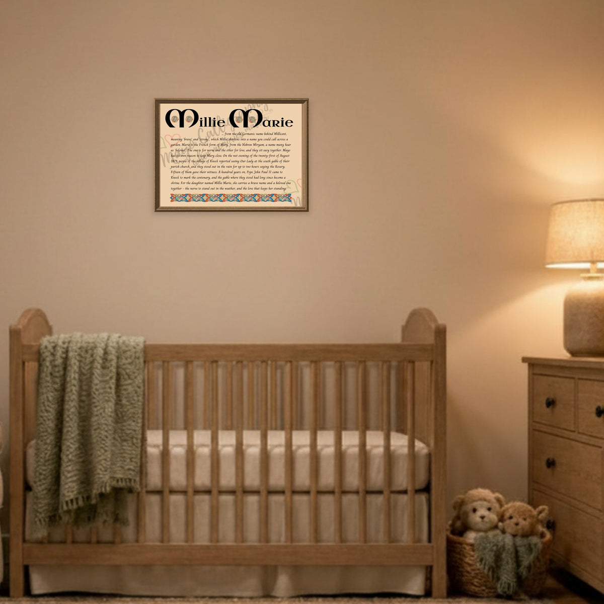 Millie Marie Celtic name print framed above a cot in a warm nursery