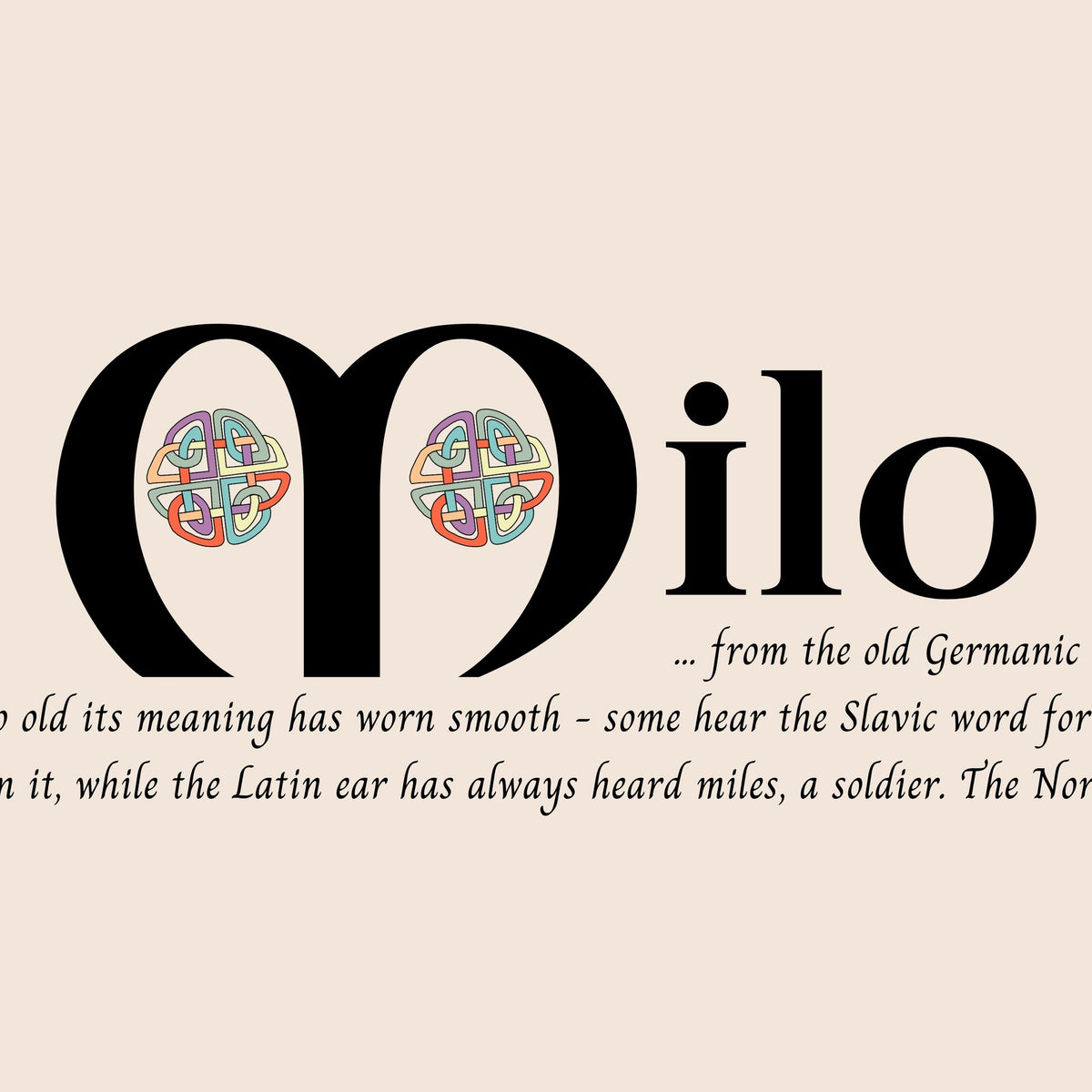 Closeup of the name Milo in Celtic calligraphy with decorated capital