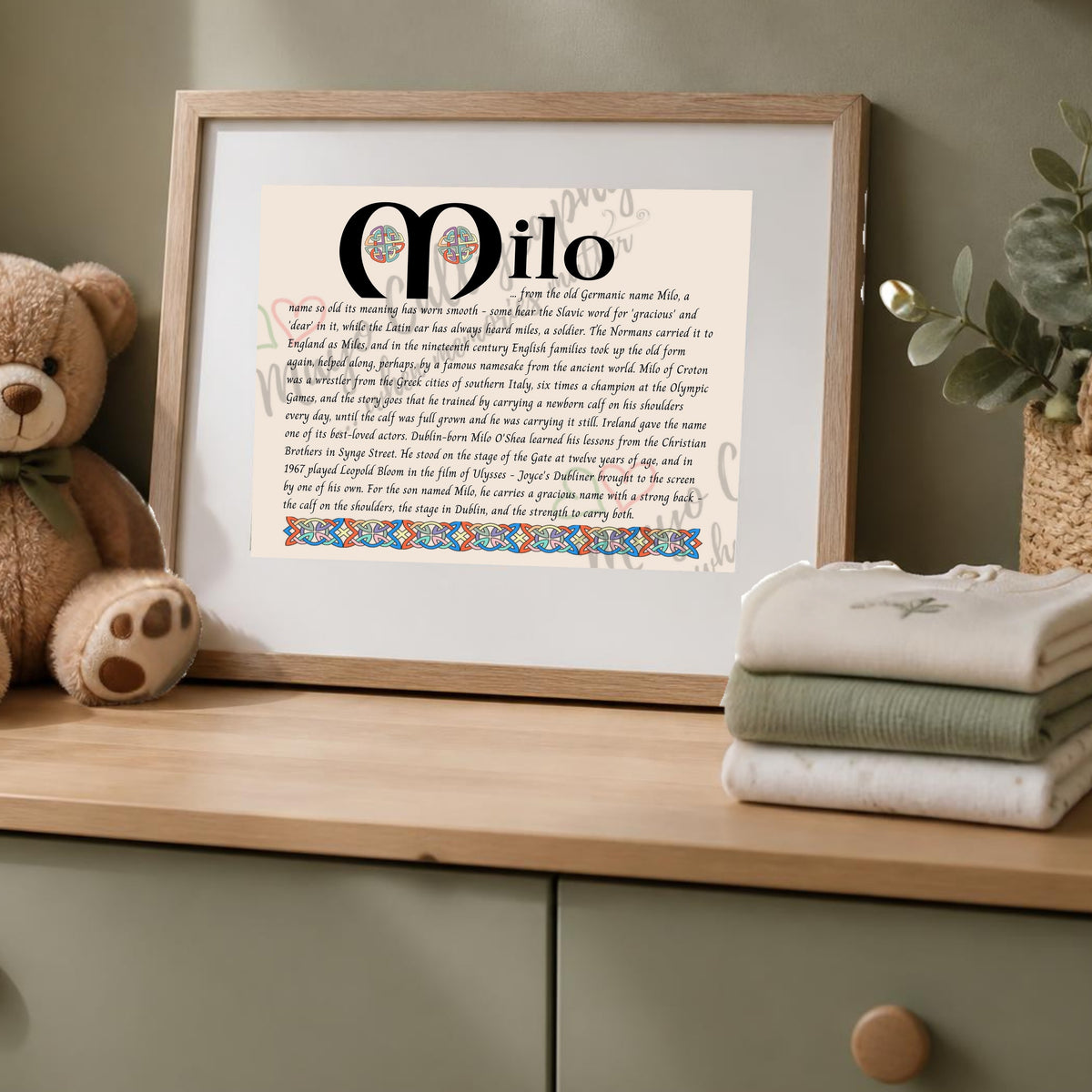 Milo Celtic name print in a wooden frame on a dresser with a teddy bear