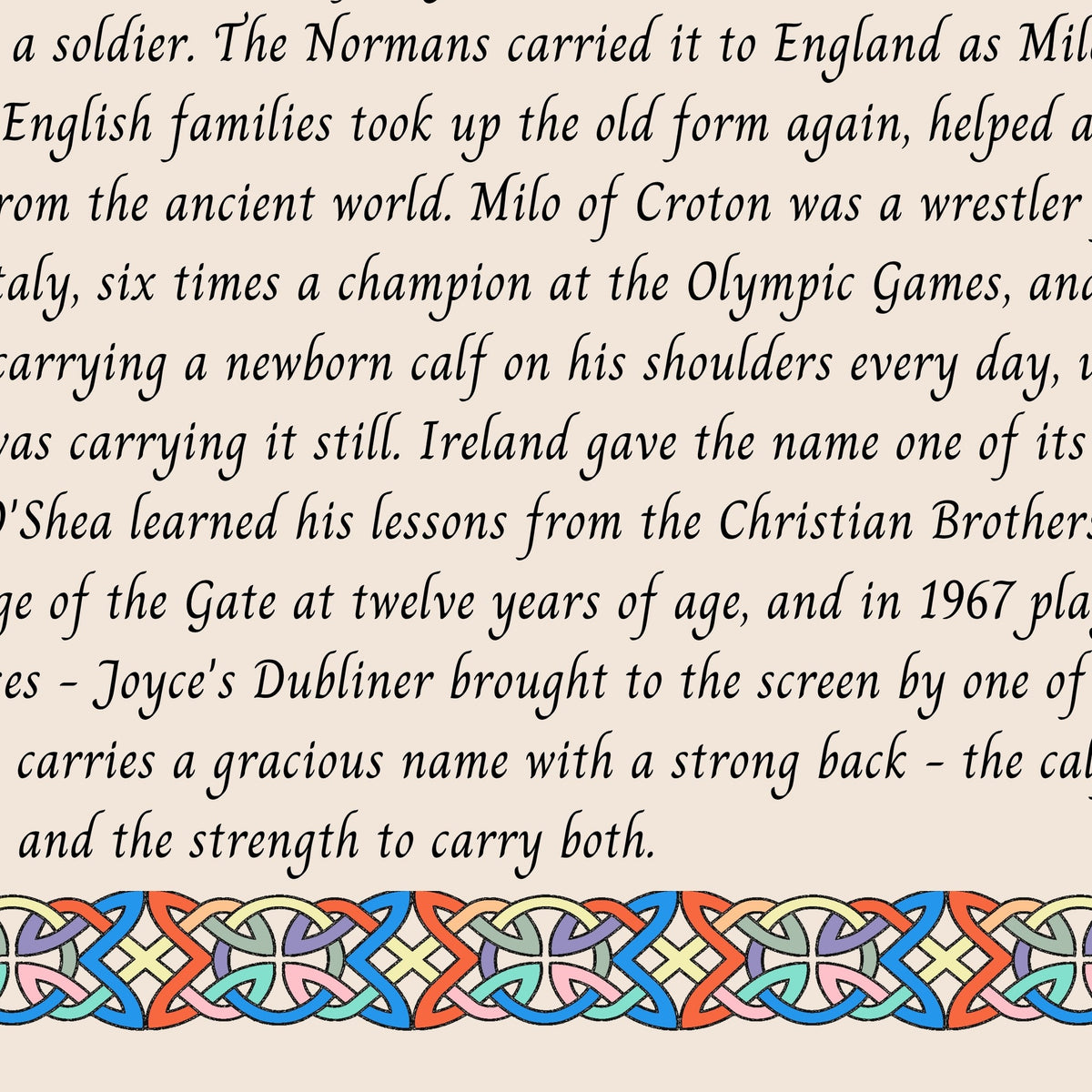 Closeup of the story text and Celtic knotwork border on the Mylo name print