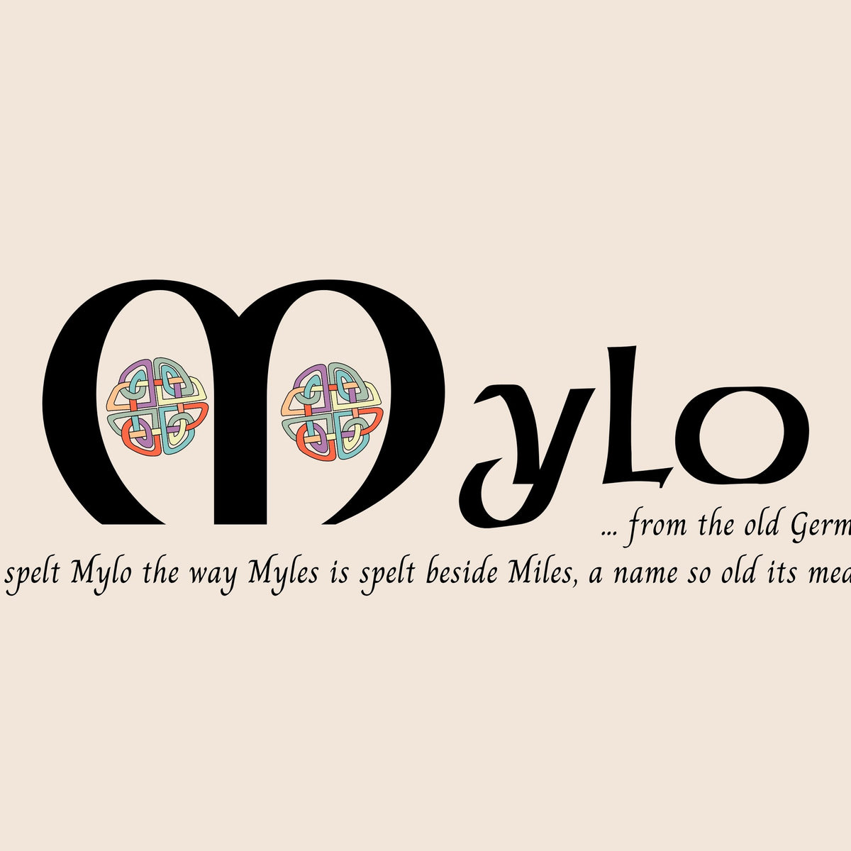 Closeup of the name Mylo in Celtic calligraphy with decorated capital