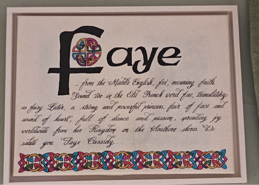 Example personalised Celtic calligraphy name print on genuine goatskin parchment, showing illuminated initial, knotwork and custom name meaning