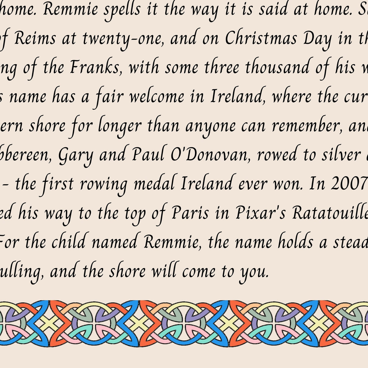 Closeup of the story text and Celtic knotwork border on the Remmie name print