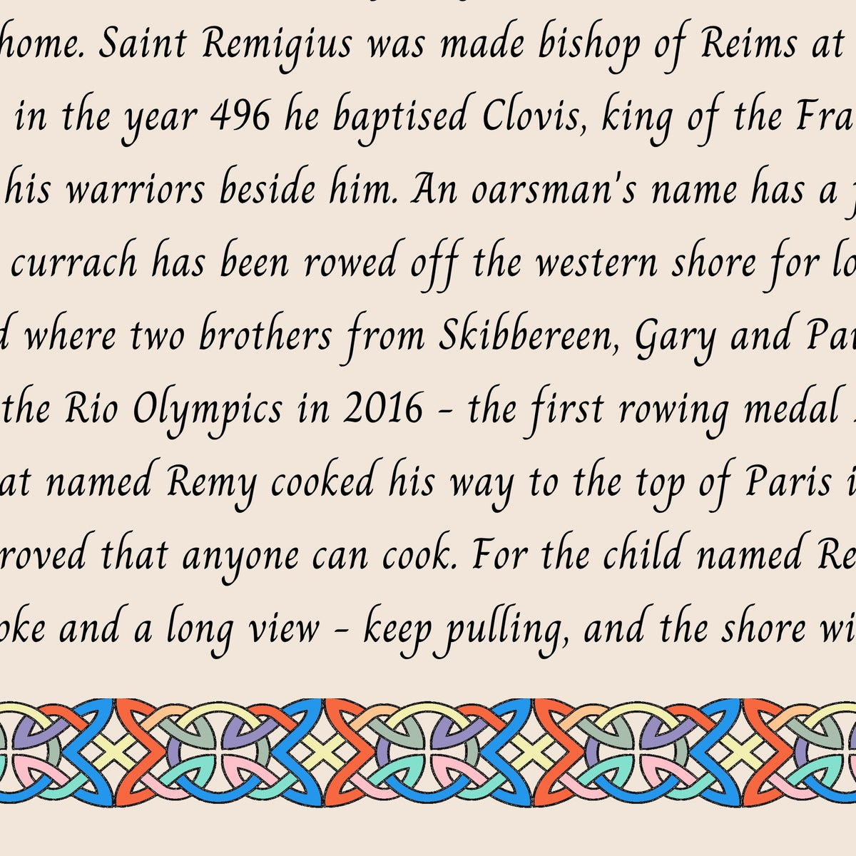 Closeup of the story text and Celtic knotwork border on the Remy name print
