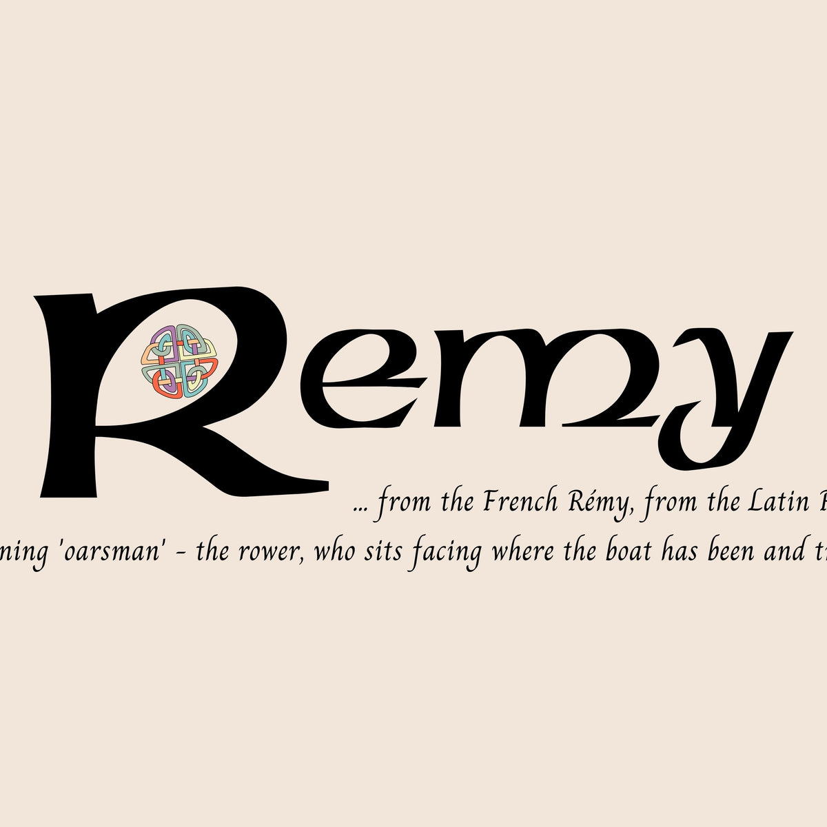 Closeup of the name Remy in Celtic calligraphy with decorated capital