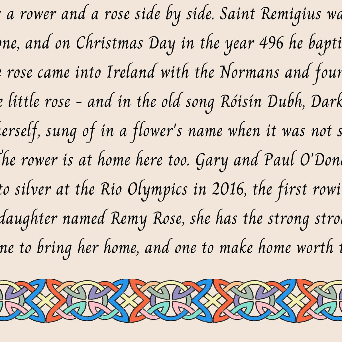 Closeup of the story text and Celtic knotwork border on the Remy Rose name print