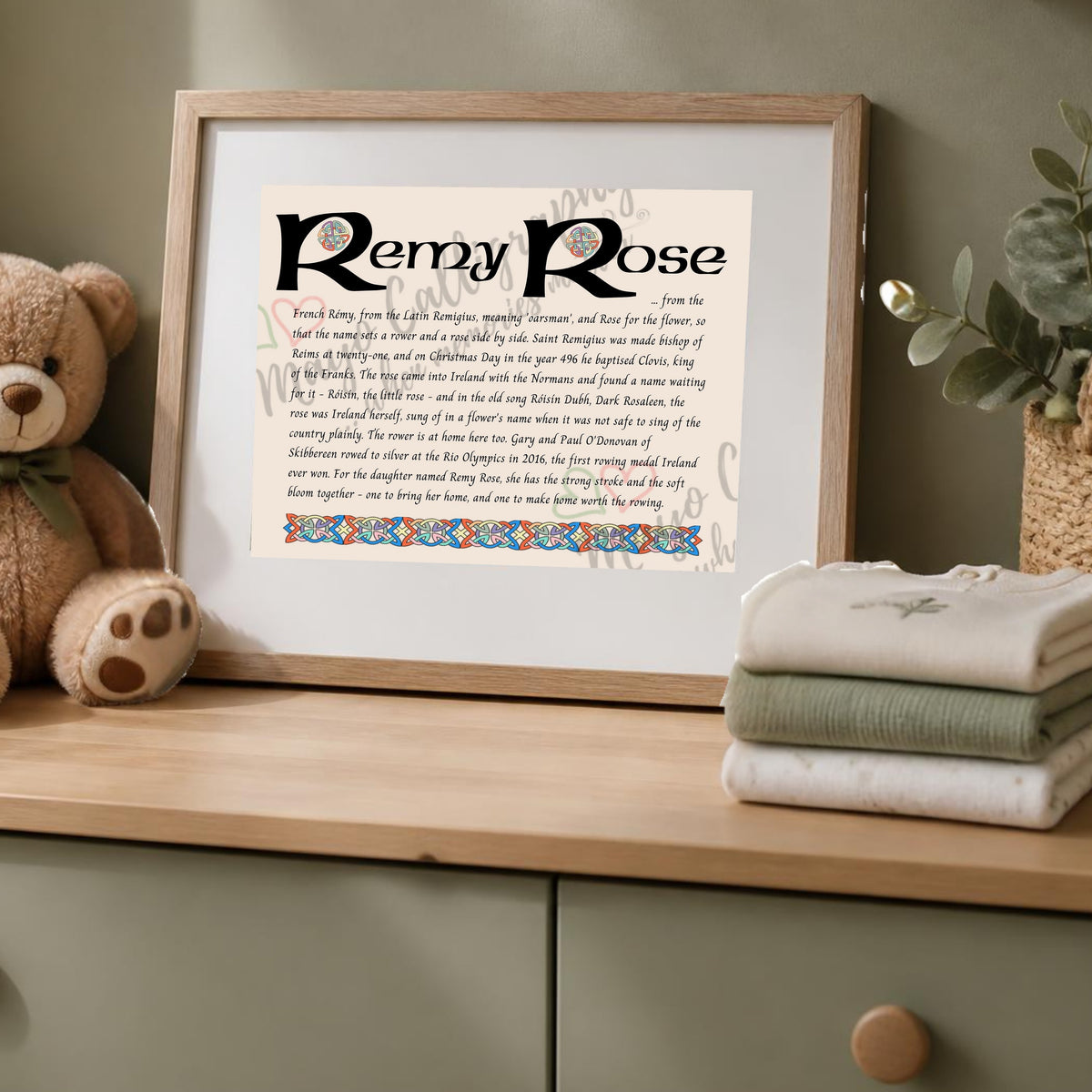 Remy Rose Celtic name print in a wooden frame on a dresser with a teddy bear