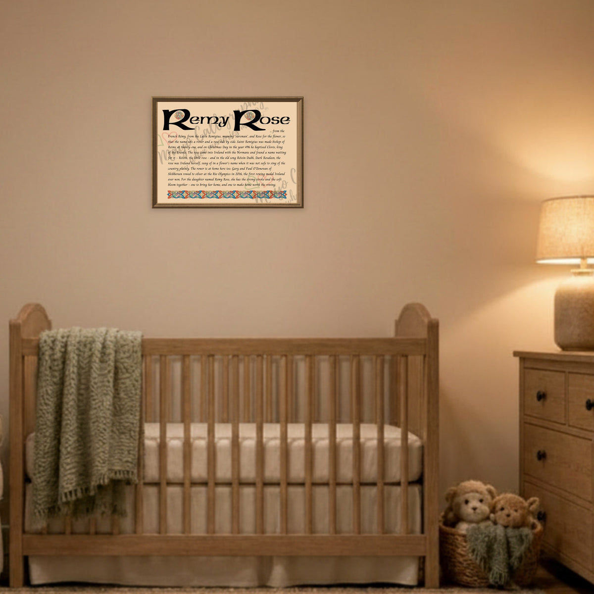 Remy Rose Celtic name print framed above a cot in a warm nursery