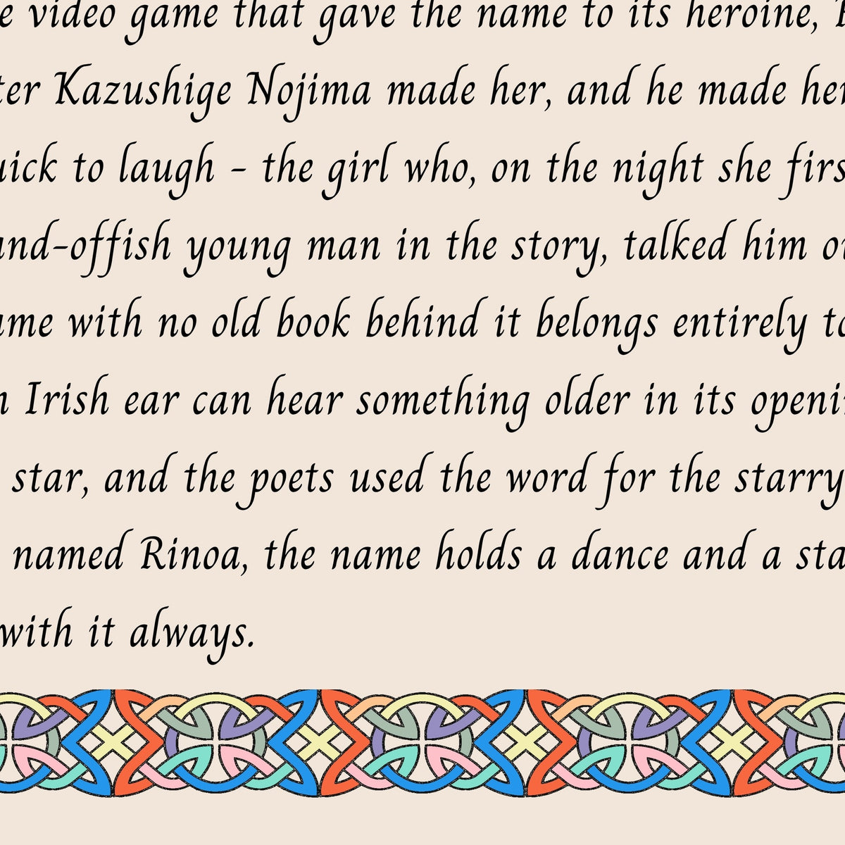 Closeup of the story text and Celtic knotwork border on the Rinoa name print